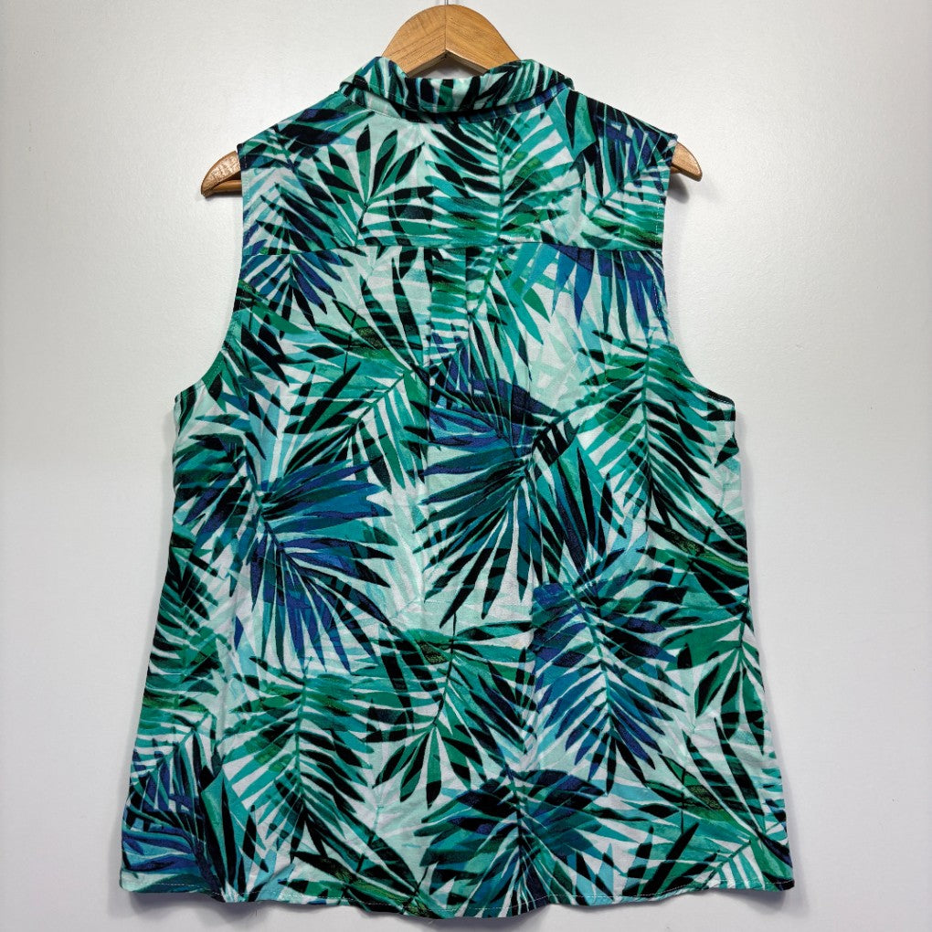 Green tropical palm leaf sleeveless blouse front view