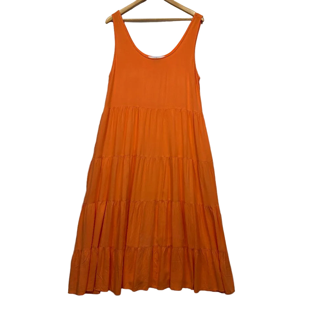 Orange tiered midi dress front view