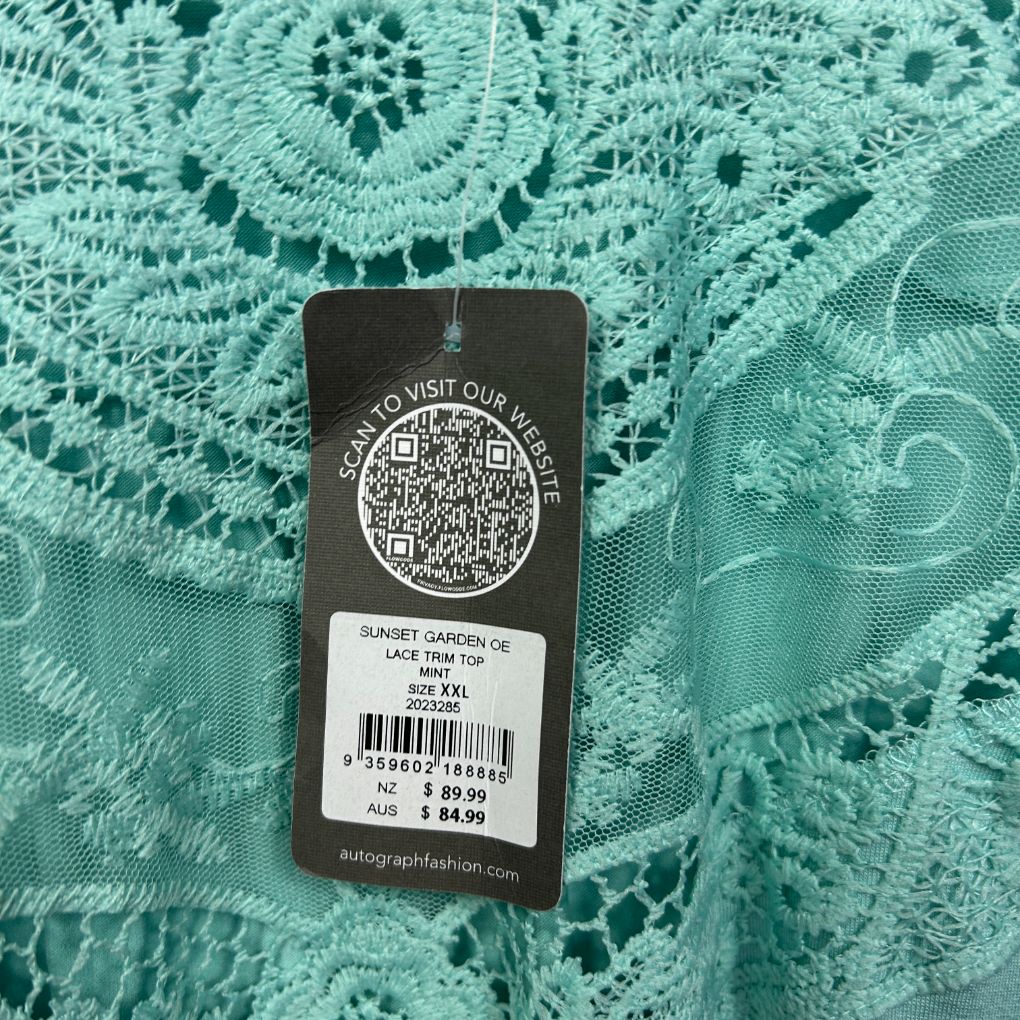 Mint green lace garment label detail view