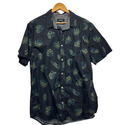 Navy short sleeve shirt with green leaf pattern front view