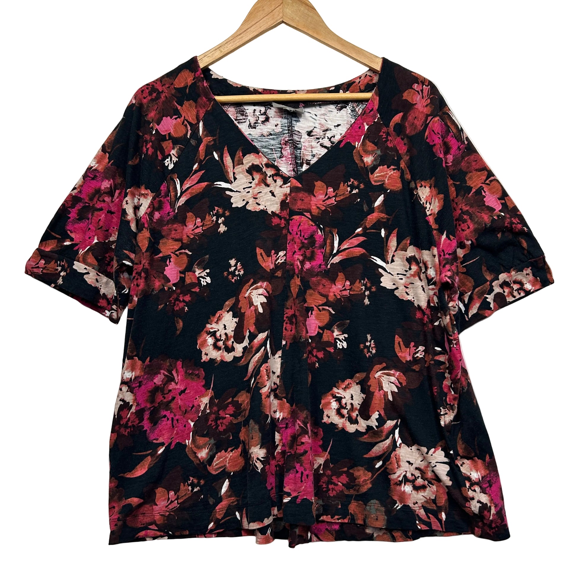 Black floral short sleeve top front view