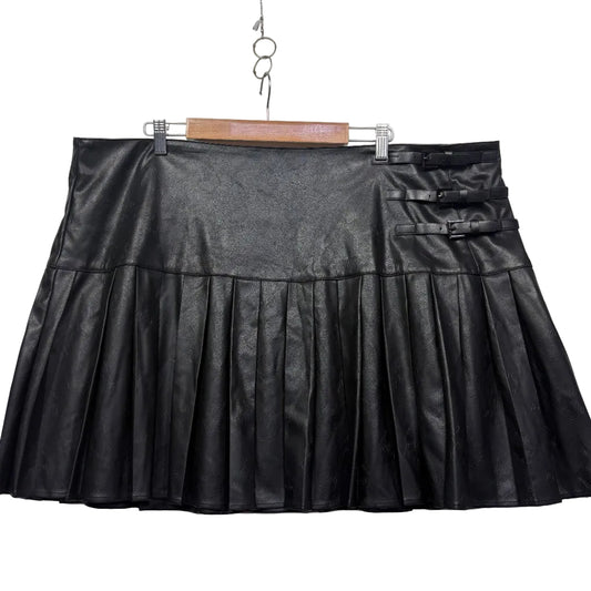 Black leather pleated mini skirt front view