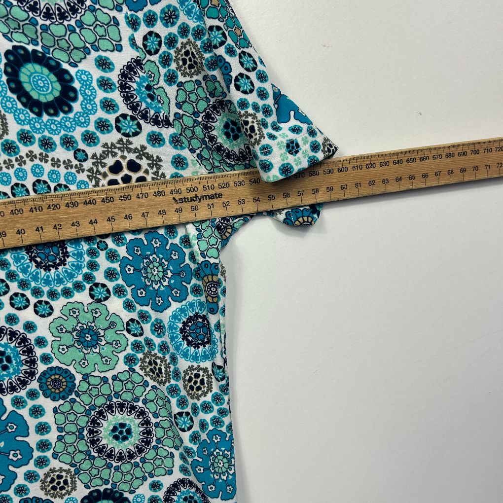 Turquoise floral patterned fabric detail view with measuring ruler