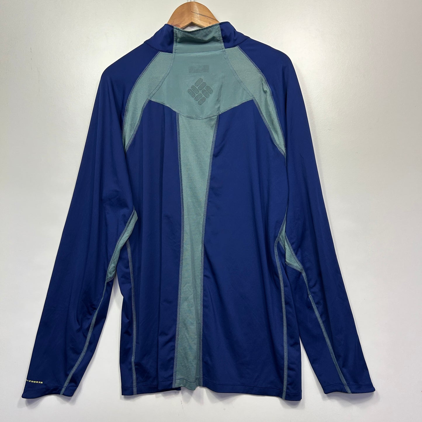 Navy blue and grey long sleeve athletic jacket front view