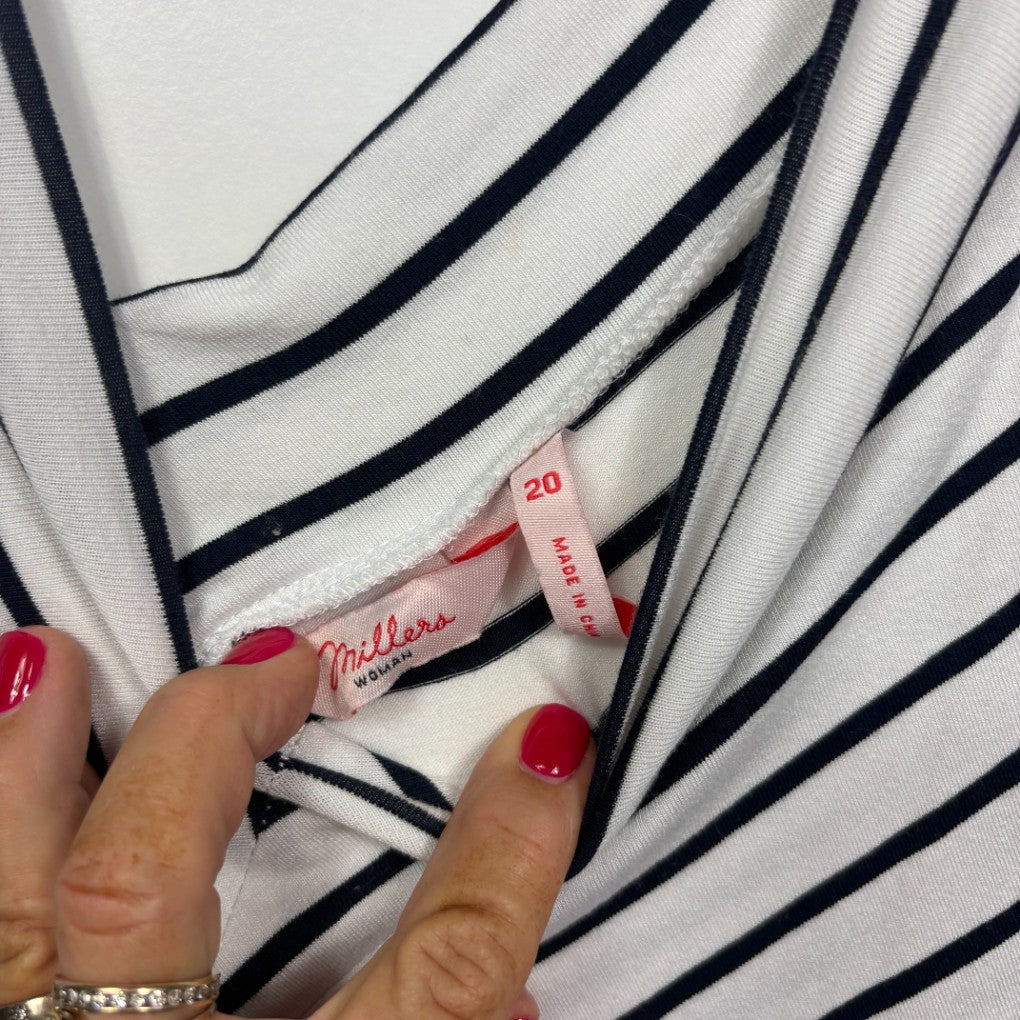 White and navy striped top label detail view