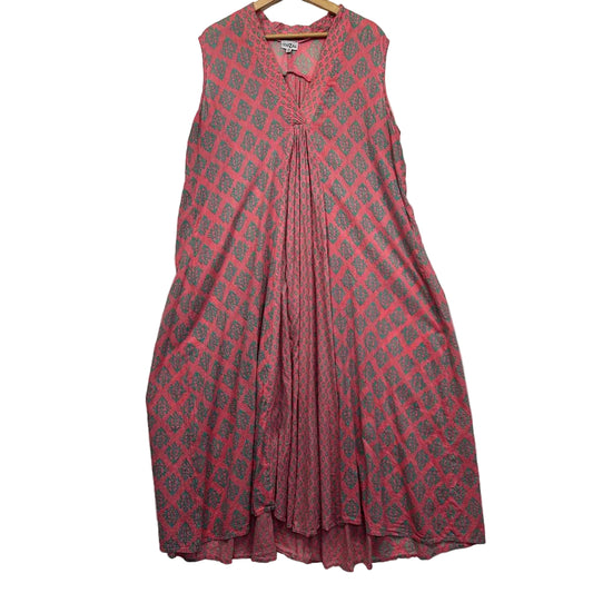 Red and grey patterned sleeveless dress front view