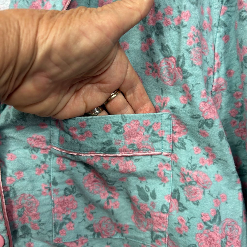 Turquoise floral dress detail view showing pocket