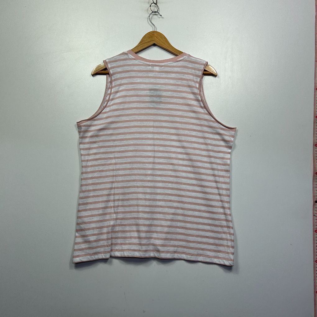 Pink and white striped sleeveless tank top front view