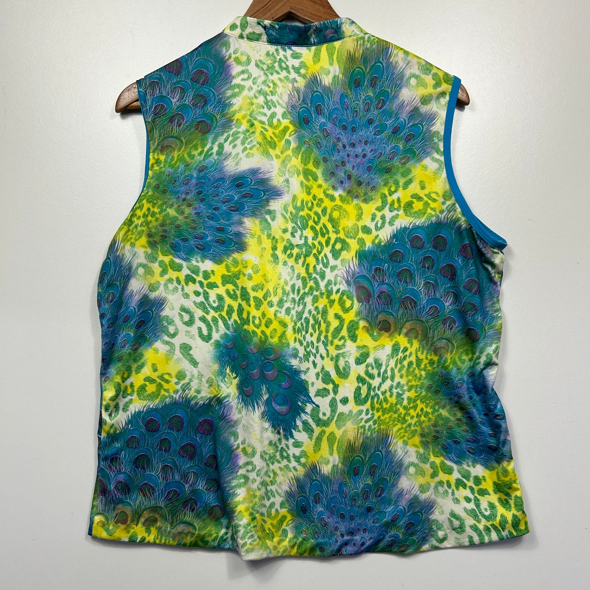 Blue and yellow patterned sleeveless vest front view