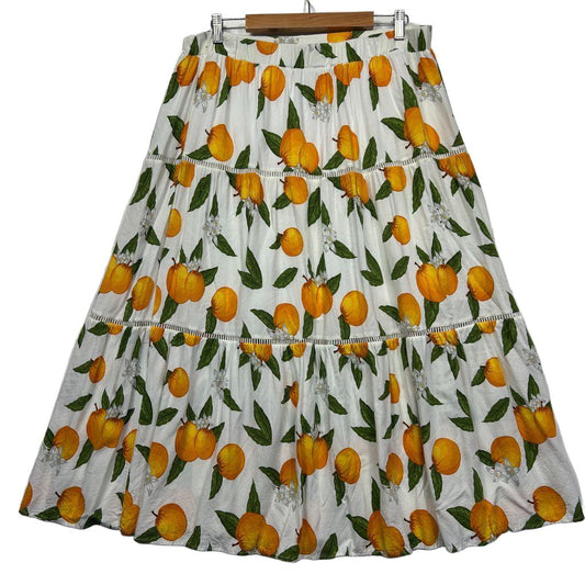 White skirt with orange and yellow floral print front view