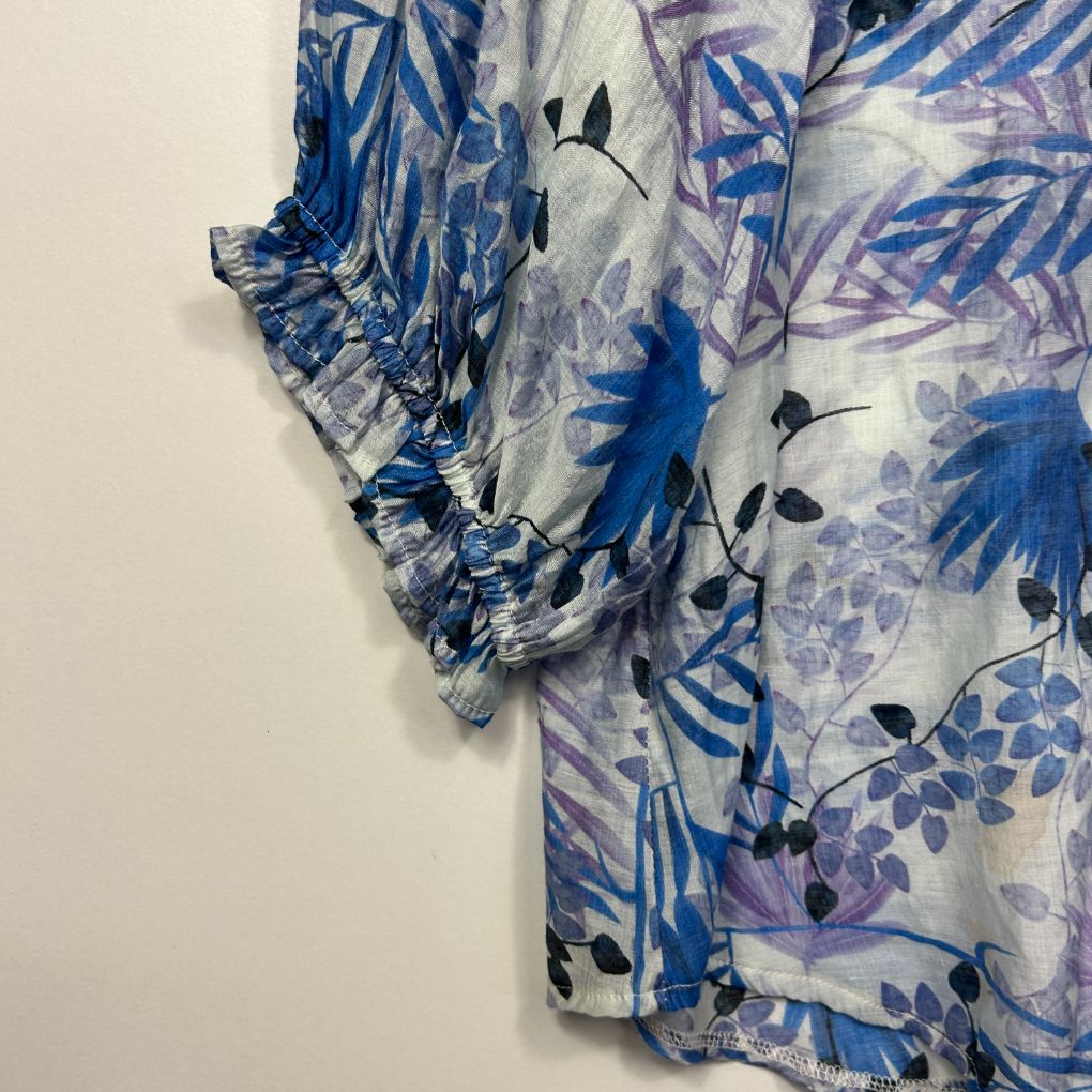 Blue and purple floral print shirt detail view