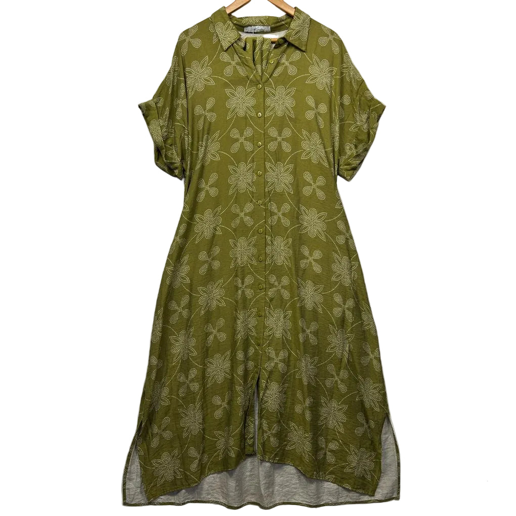 Olive green floral shirt dress front view