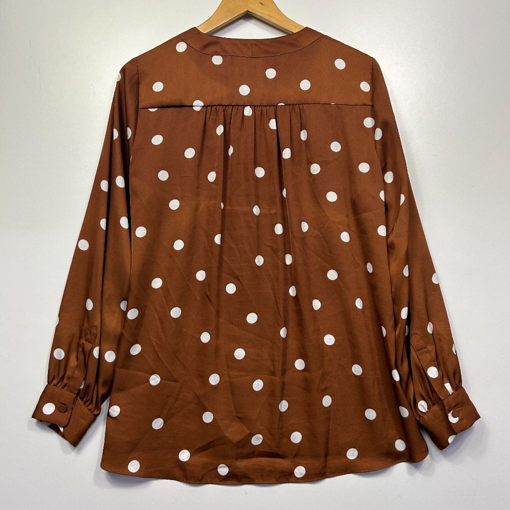 Brown polka dot long sleeve blouse front view