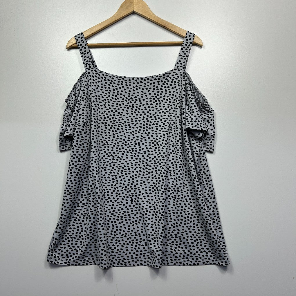 Navy blue and white spotted cold shoulder top front view