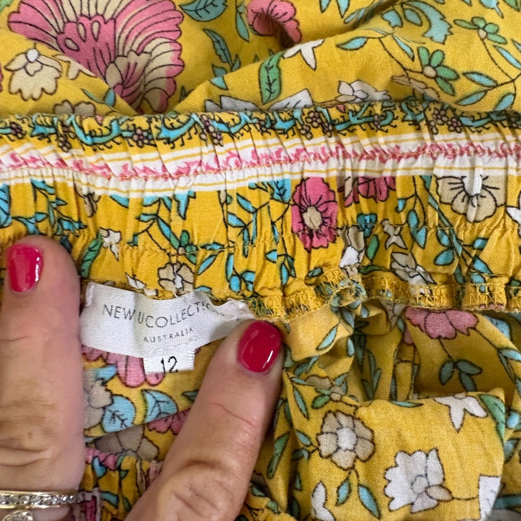 Yellow floral fabric detail view with pink nail polish hand