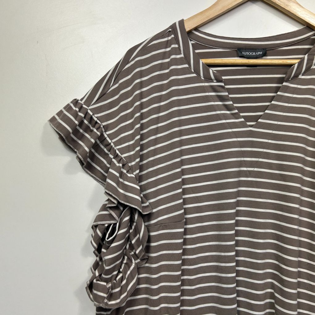 Khaki striped t-shirt front view with ruched sleeve detail