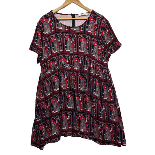 Burgundy floral print short sleeve dress front view
