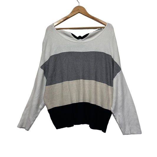 Cream black and grey striped sweater front view