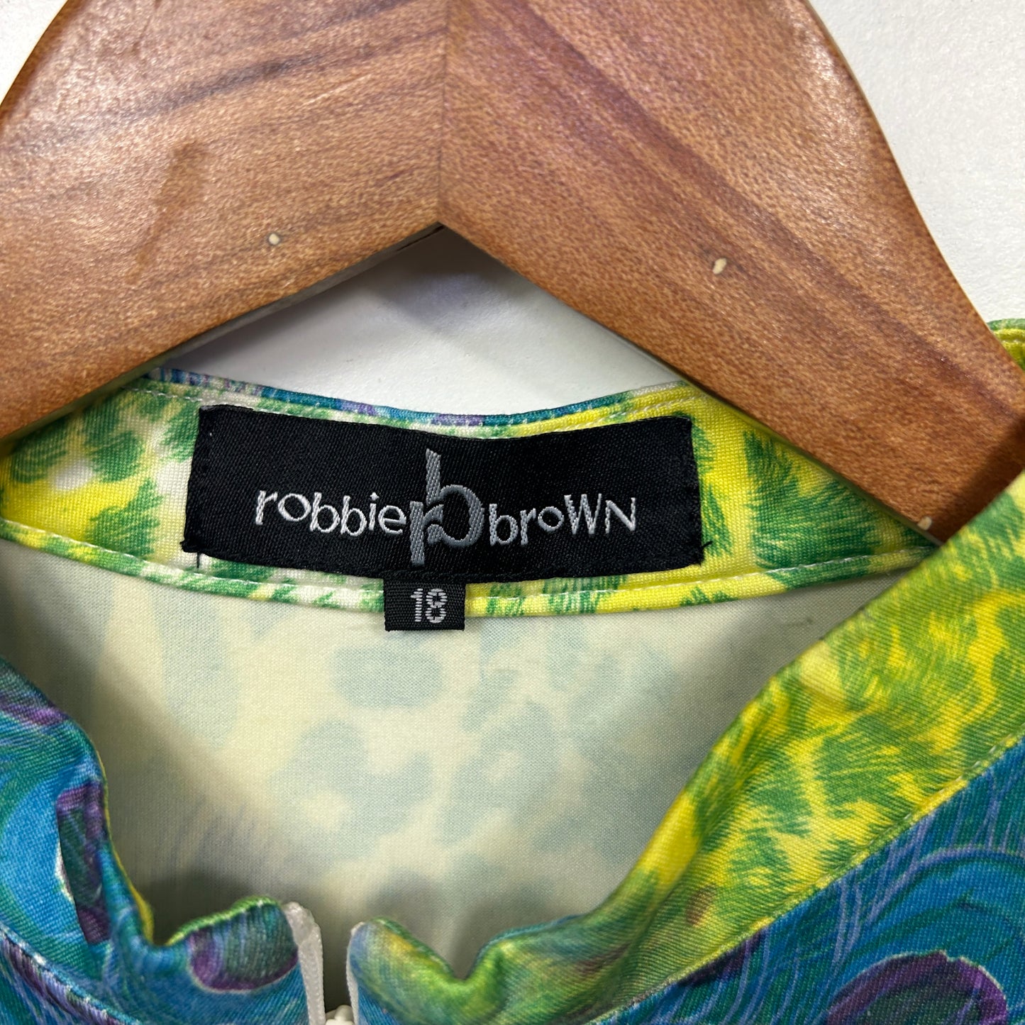 Robbie Brown size 18 label detail on green and blue patterned garment