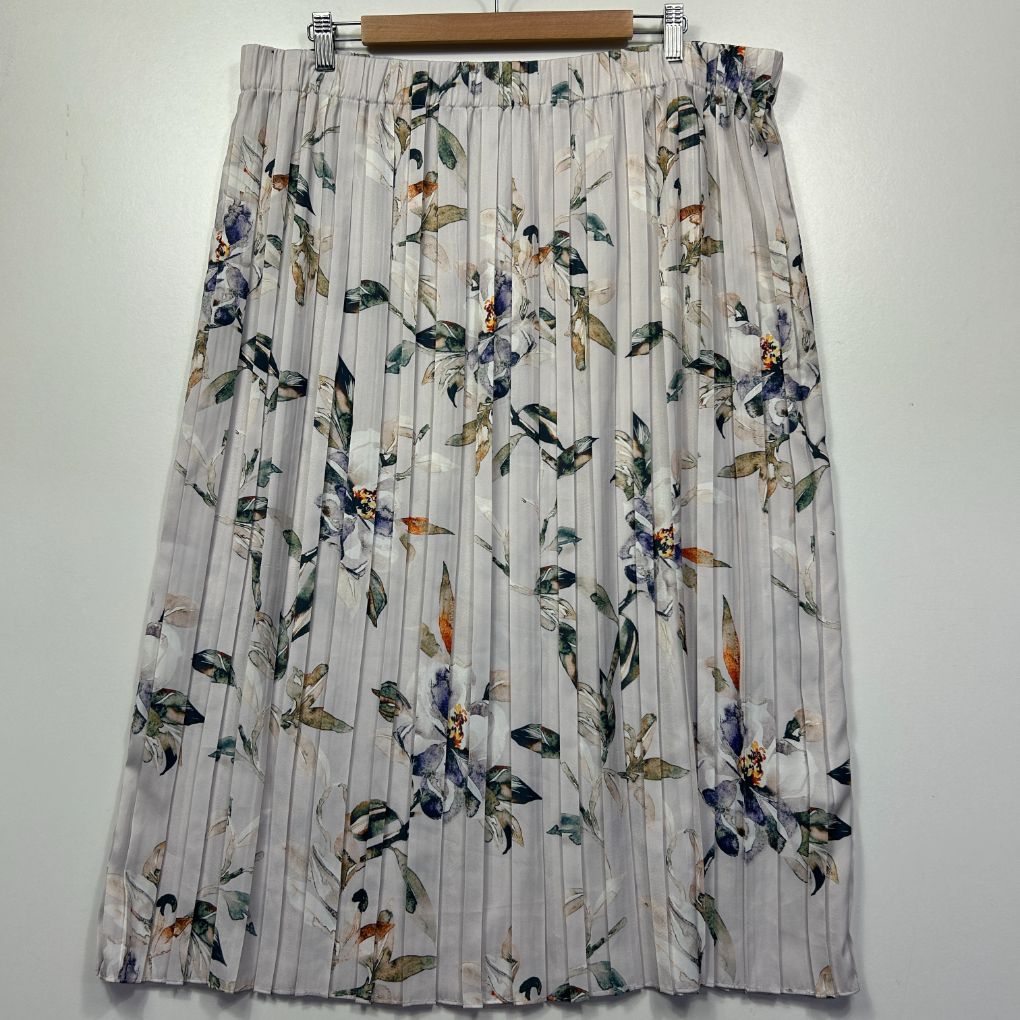 Grey striped floral midi skirt front view