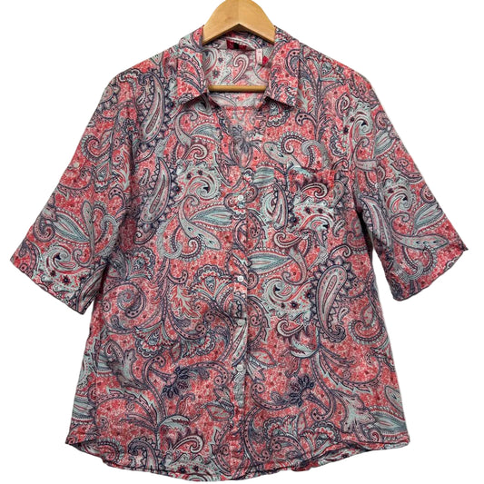 Pink paisley three quarter sleeve shirt front view