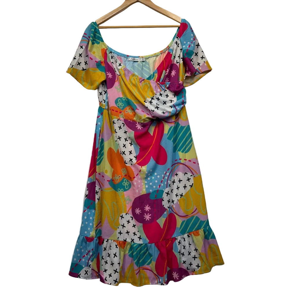 Colorful floral dress front view on hanger