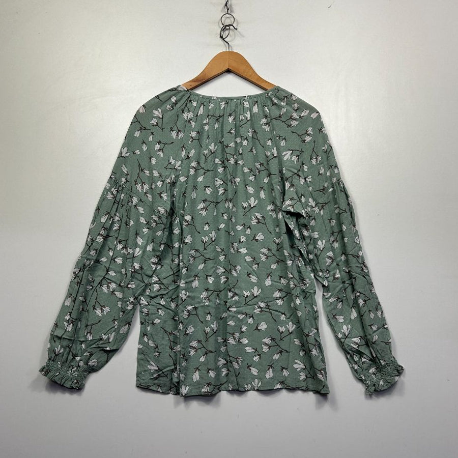 Green floral blouse front view