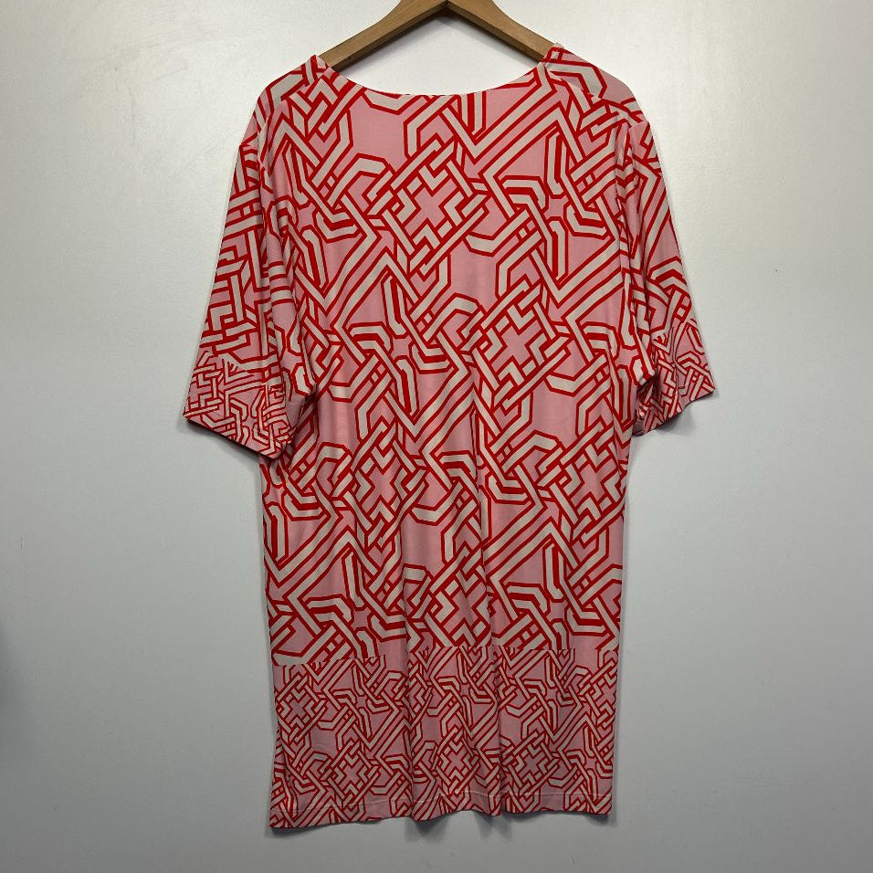 Red and cream geometric patterned tunic dress front view