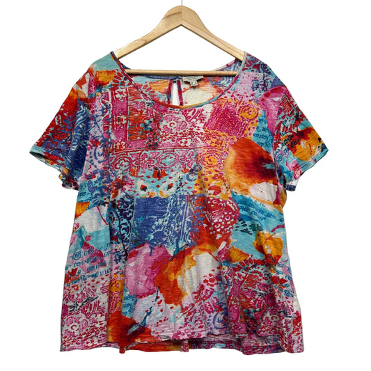 Multicolored patchwork floral short sleeve top front view