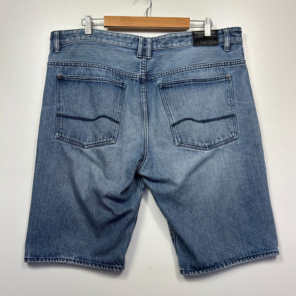 Blue denim shorts back view