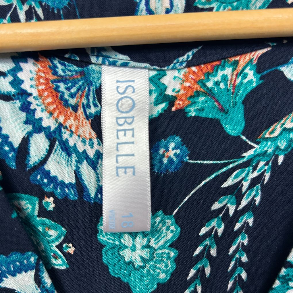 Navy floral dress detail view showing Soabelle label
