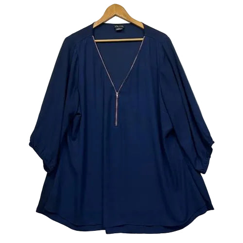 City Chic Navy Zip-Front V-Neck Blouse - Size XL