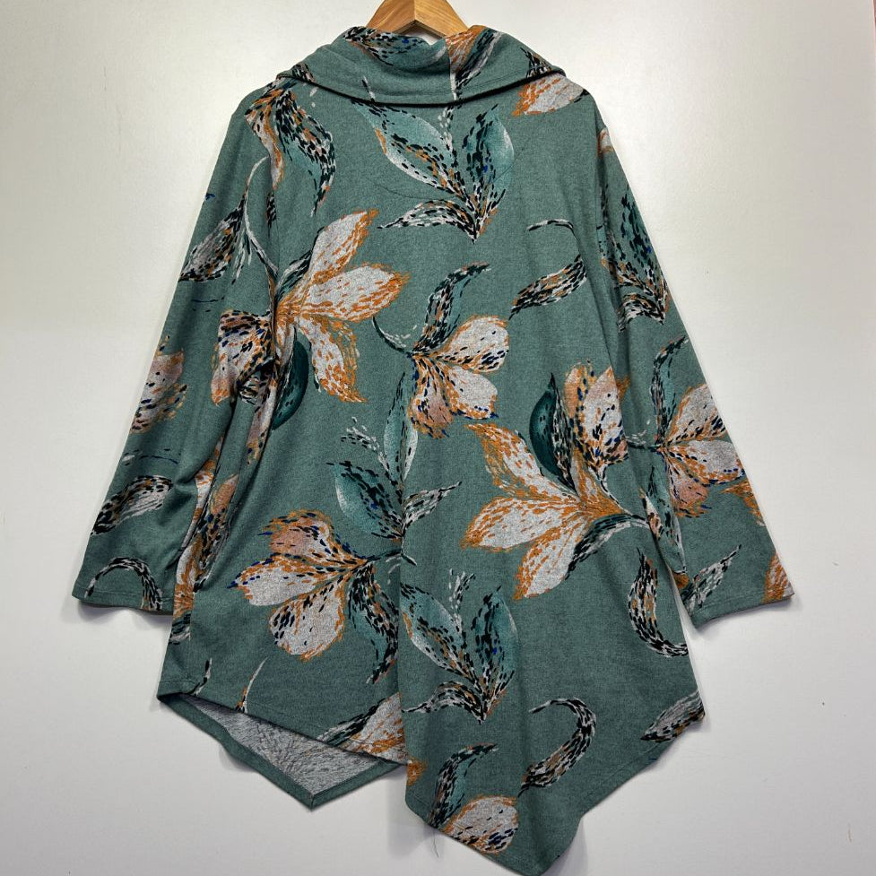 Green floral hooded cardigan front view