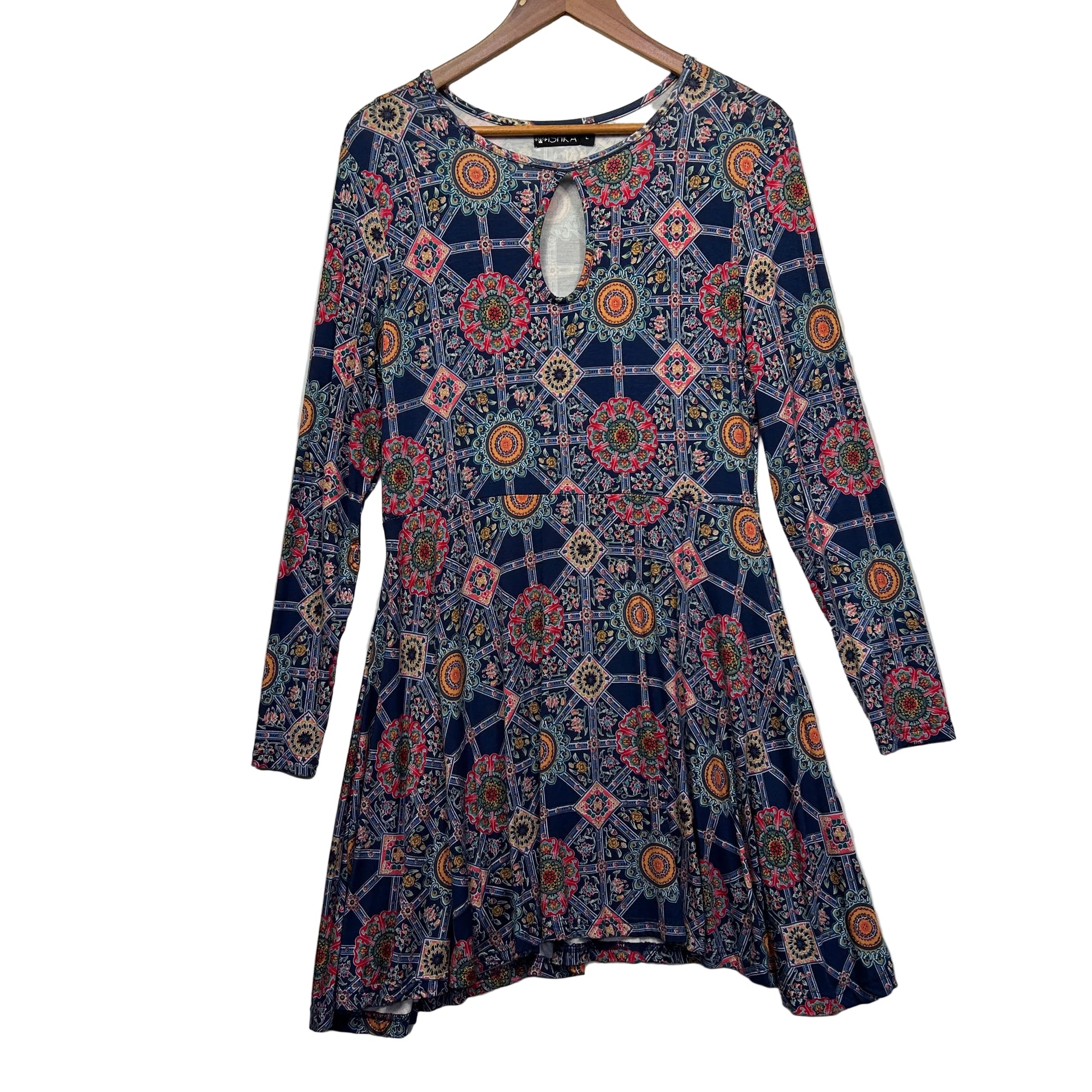 Navy floral long sleeve tunic dress front view