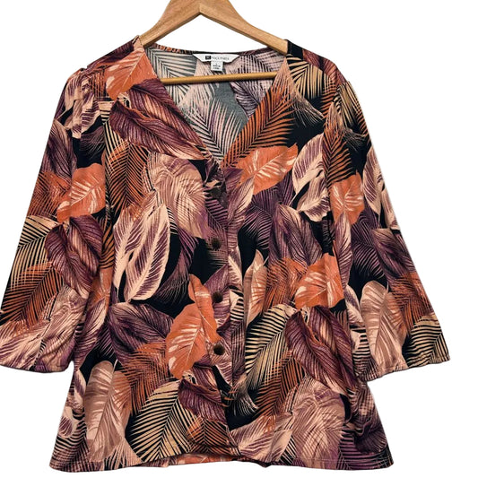Orange brown and black leaf print top front view