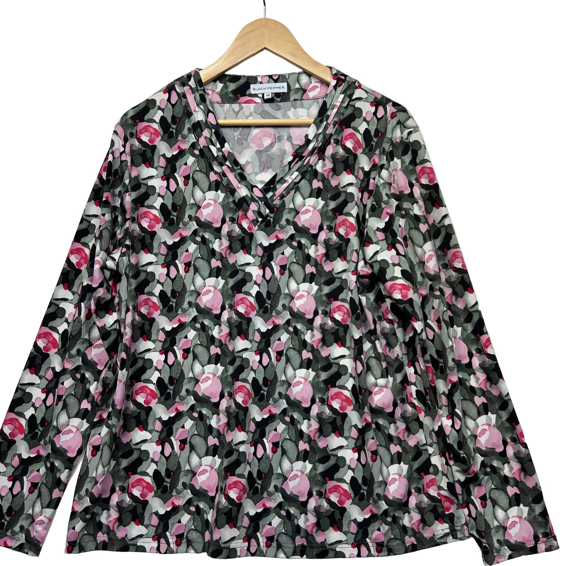 Black floral long sleeve top front view
