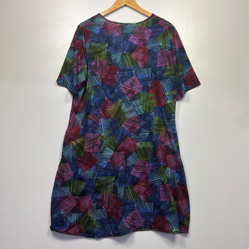 Multicoloured patterned short sleeve dress front view