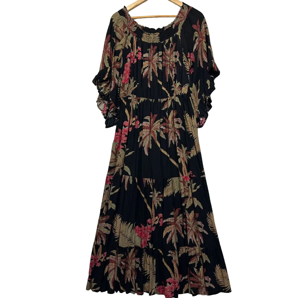 Willow Tree Black Tropical Print Maxi Dress - Size 18