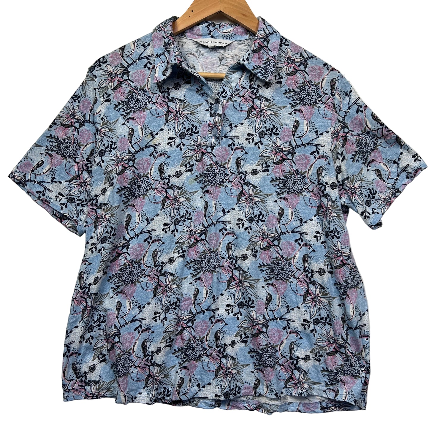 Blue floral short sleeve shirt front view