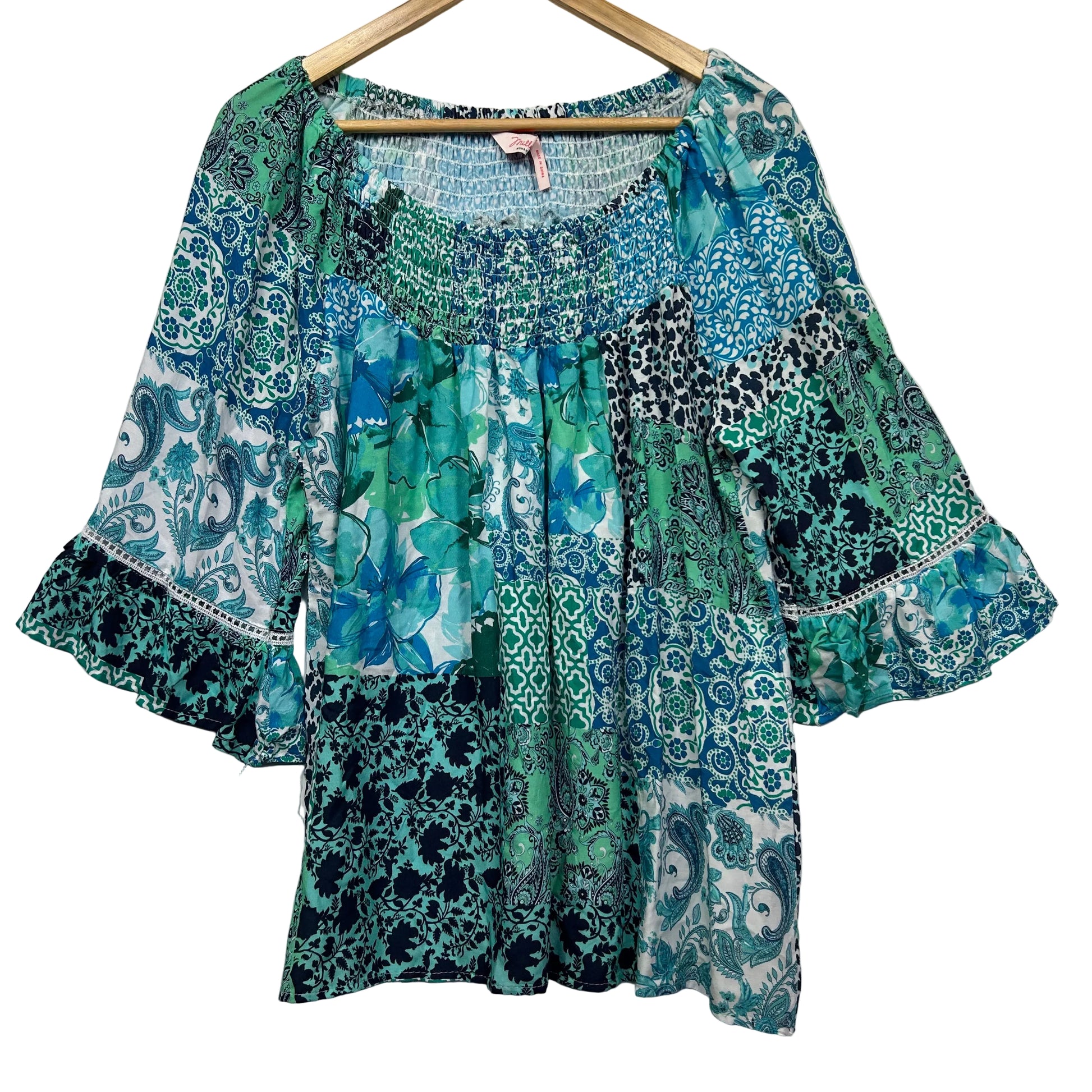 Blue and green patchwork tunic top front view