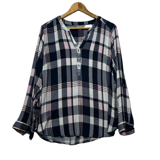 Navy and white check shirt front view