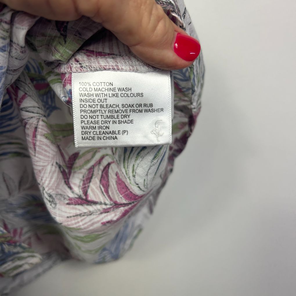 Floral print garment label detail view