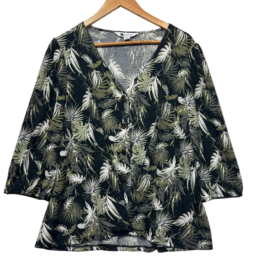 Rockmans Black Tropical Print Top - Size L