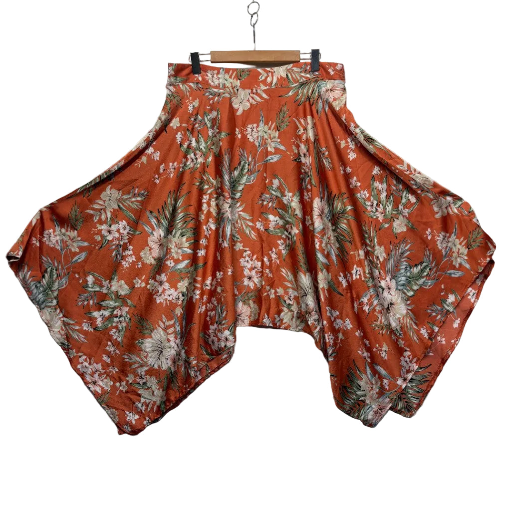 Rust red floral harem pants front view