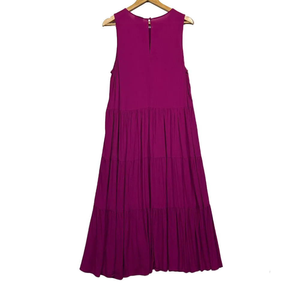 Burgundy pleated sleeveless dress front view