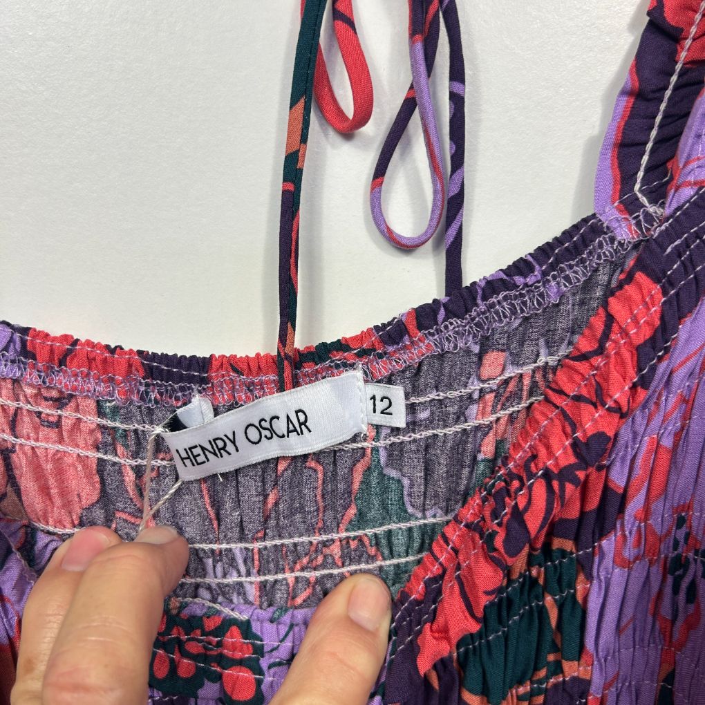 Henry Oscar size 12 multicoloured patterned dress detail view showing label and ruching