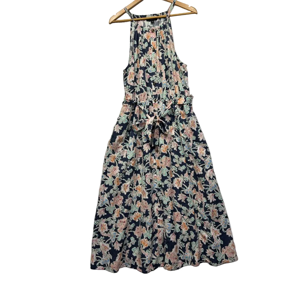 Navy floral halter neck maxi dress front view