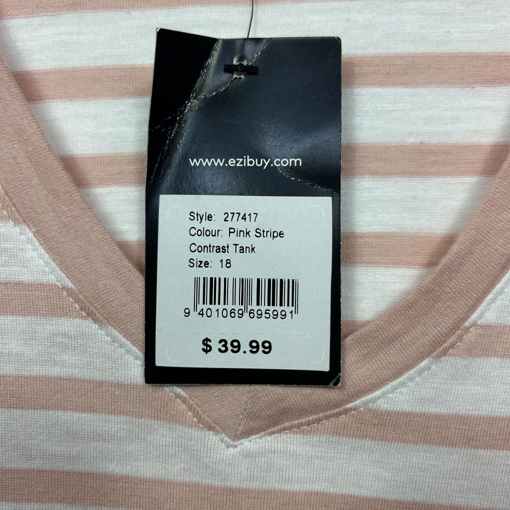 Pink and white striped top with size tag label detail