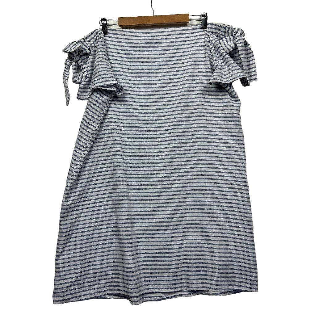 Rockmans Blue Linen Striped Off the Shoulder Dress - Size 16