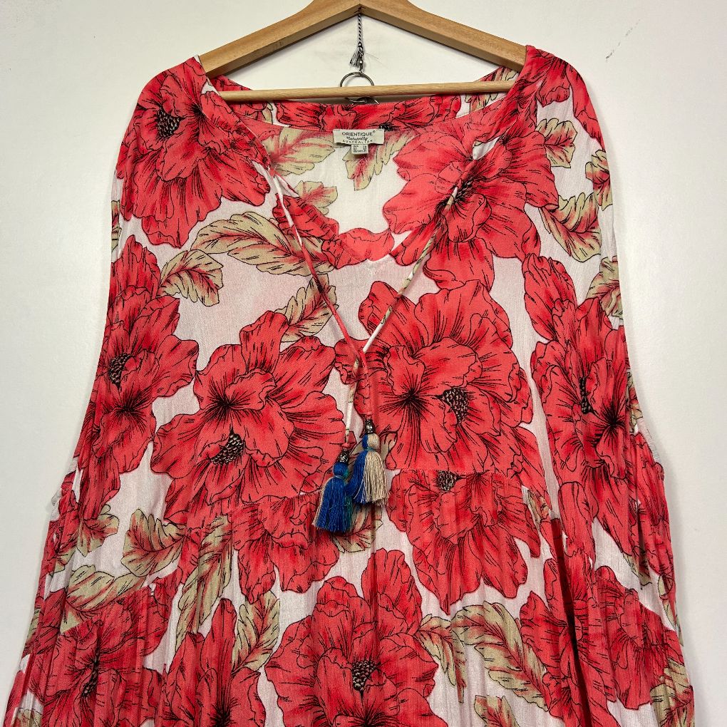 Red floral print long sleeve top front view